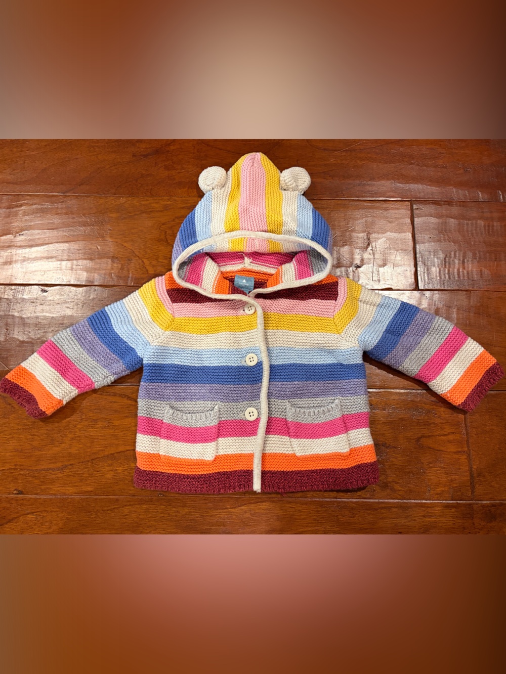 Striped Knit Baby Jacket with bear ear hood- Multicolor